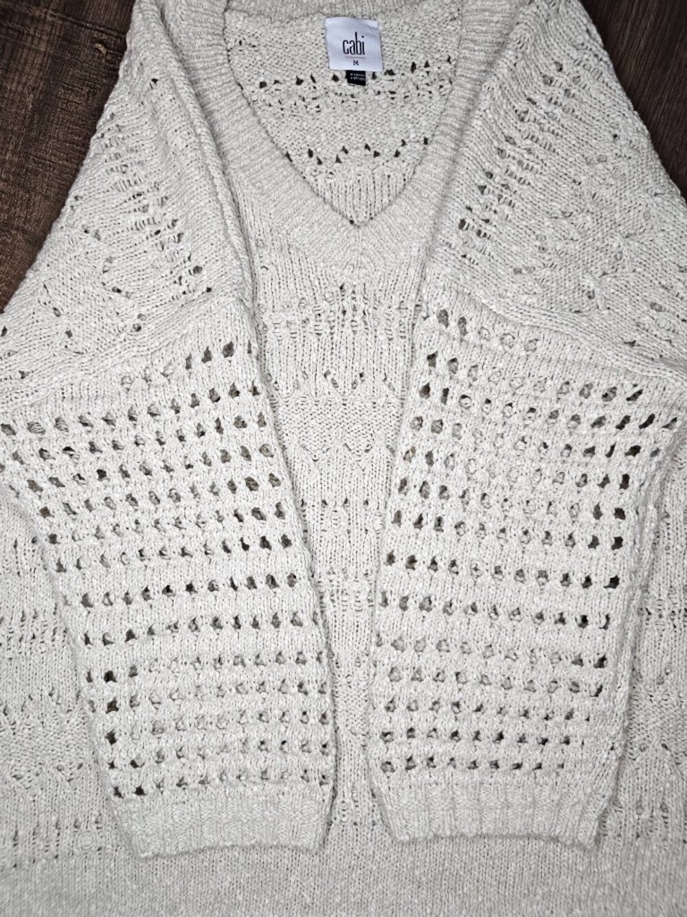 CAbi Tulum 6774 Cotton Linen Blend Knit V-Neck Pullover Sweater M Neutral - Picture 4 of 7